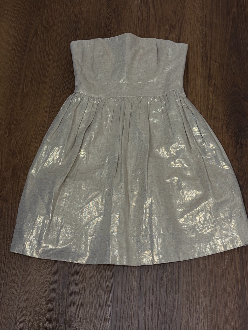 Shoshanna | Gold Metallic linen & cotton strapless mini dress Women’s size 8